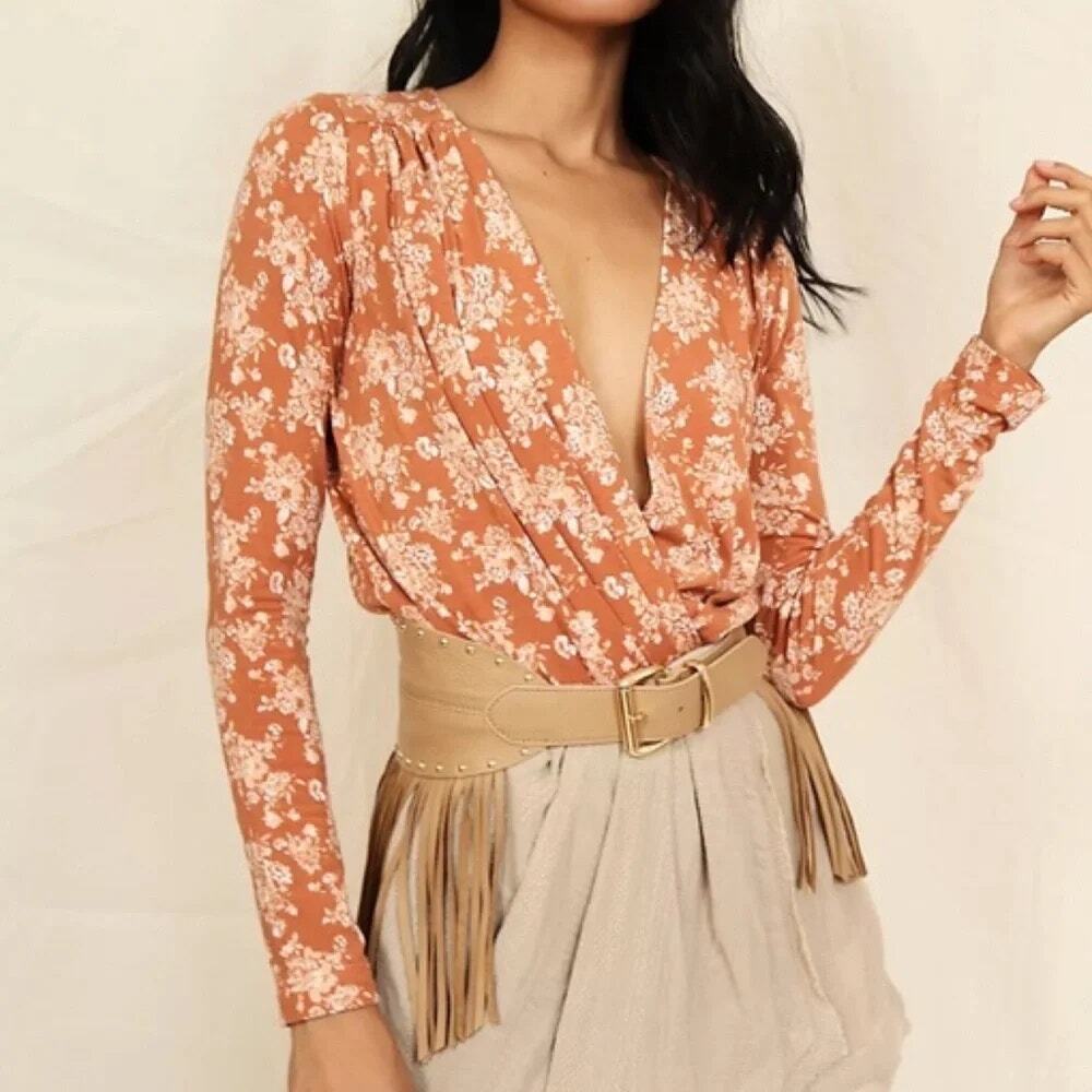 Free People Turnt Floral Bodysuit Boho Cottagecore Surplice Draped Tan Size S